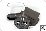 Easy storage via supplied holder and leather pouch