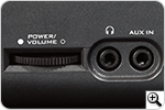 Power, volume, AUX-in and headphone jacks